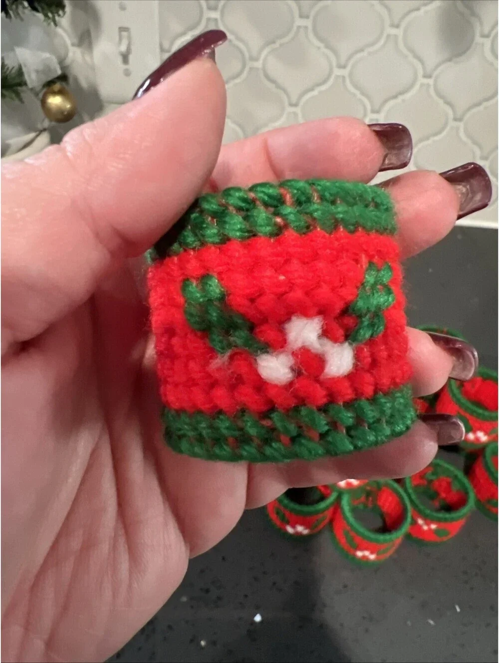 Handmade Needlepoint Holly Berry Christmas Napkin Ring Set of 17 Red Green White